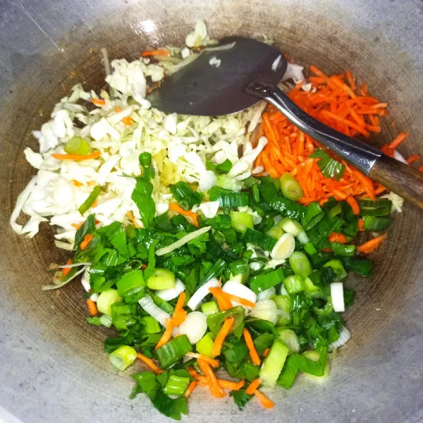 Kemudian masukkan kol, wortel, kentang, tomat, bawang daun dan seledri. Masak hingga layu dan masukkan bumbu lada, garam dan kaldu.