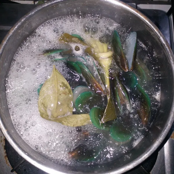 Didalam panci rebus kerang yang sudah di cuci bersih bersama daun salam dan sereh hinga kerang terbuka.