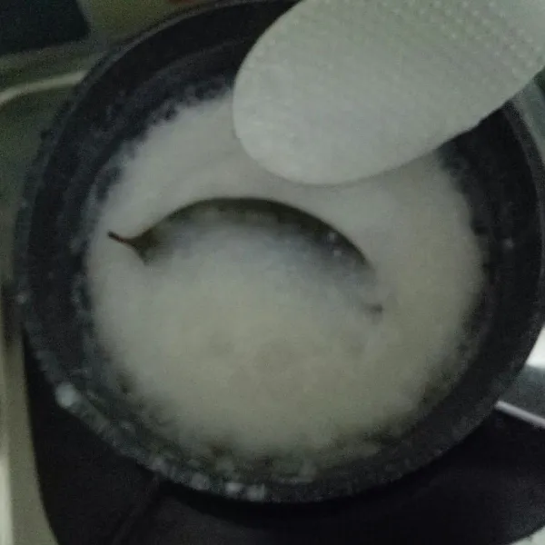 Masak nasi yang diblender tadi dengan daun salam dan bumbui dengan sejumput garam. Masak hingga mengental.