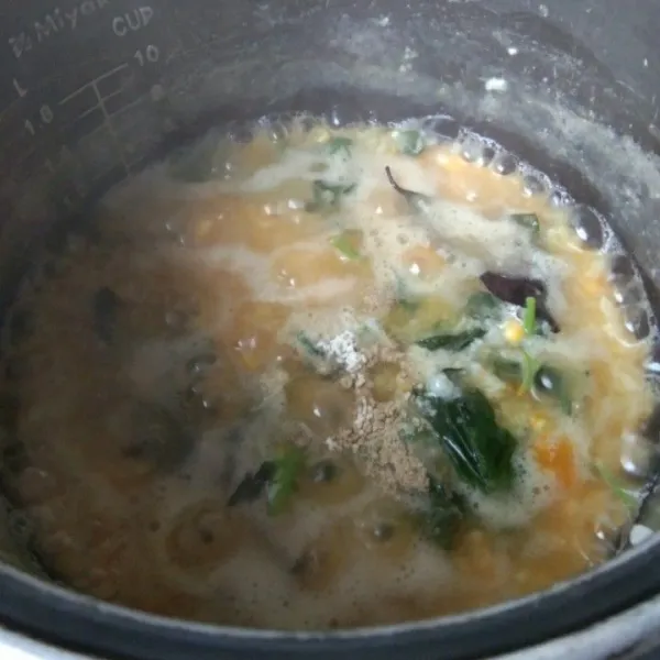Masukkan garam, kaldu jamur dan merica bubuk. Aduk rata. Masak hingga bubur matang merata.