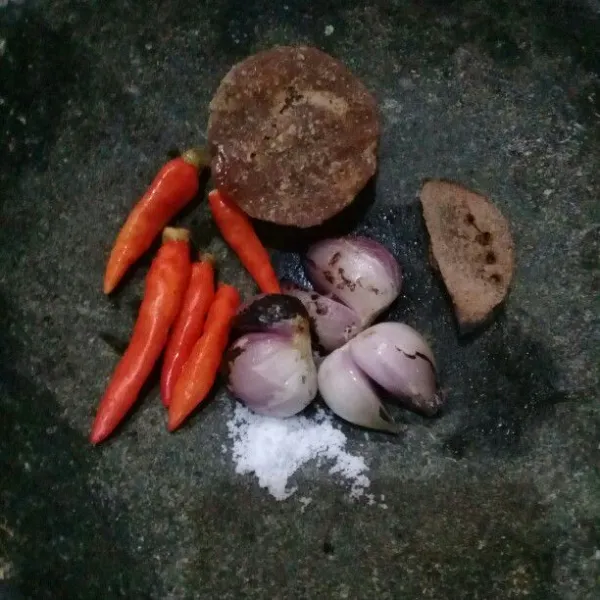 Siapkan bumbu yakni cabai rawit, garam, bawang merah bakar, terasi, dan gula merah.