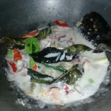 Lalu tambahkan santan kental dan 50 ml, aduk rata lalu masak hingga mendidih, beri garam dan kaldu jamur, aduk rata.