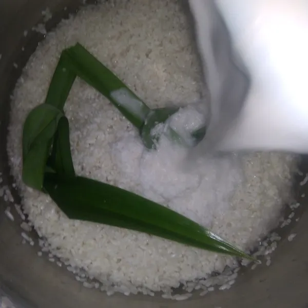 Tuang santan dan kelapanya ke dalam beras yang sudah dicuci bersih lalu tambahkan daun pandan