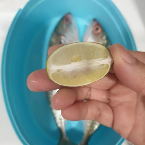 Bersihkan ikan. Buang isi perut dan insang. Cuci bersih dan lumuri dengan air jeruk nipis.