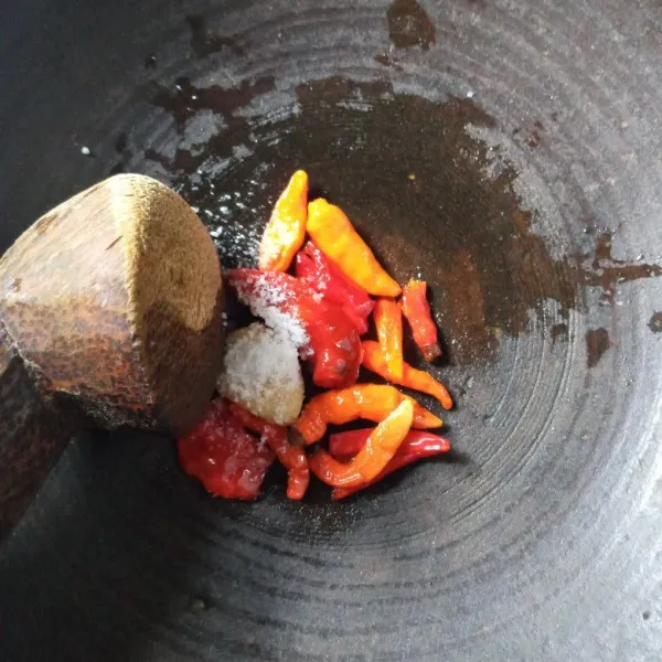 Uleg bawang putih, cabe rawit, cabe merah dan garam sampai halus.
