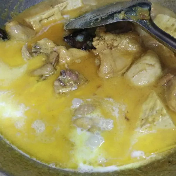 Masukan santan dan aduk terus hingga mendidih kembali. Test rasa dan siap disajikan, boleh diberi taburan bawang goreng di atasnya.