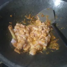 Masukkan daging ayam yang sudah dipotong dadu. Aduk-aduk hingga berubah warna.