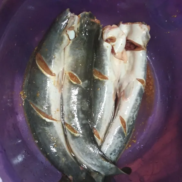 Bersihkan ikan dan buang kepalanya. Cuci bersih sampai lendir hilang. Lalu lumuri dengan bumbu marinasi.