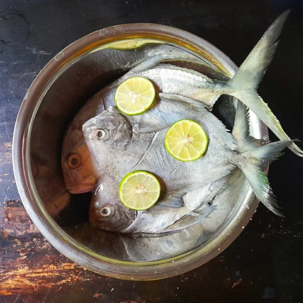 Lumuri ikan dengan garam, pijat-pijat sebentar agar garam meresap. Peraskan jeruk nipis kemudian diamkan sambil kita mempersiapkan bumbu bakar.