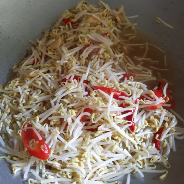 Masukkan garam, gula, dan kaldu jamur. Aduk rata dan biarkan tauge/ cambah matang dan air sedikit menyusut.