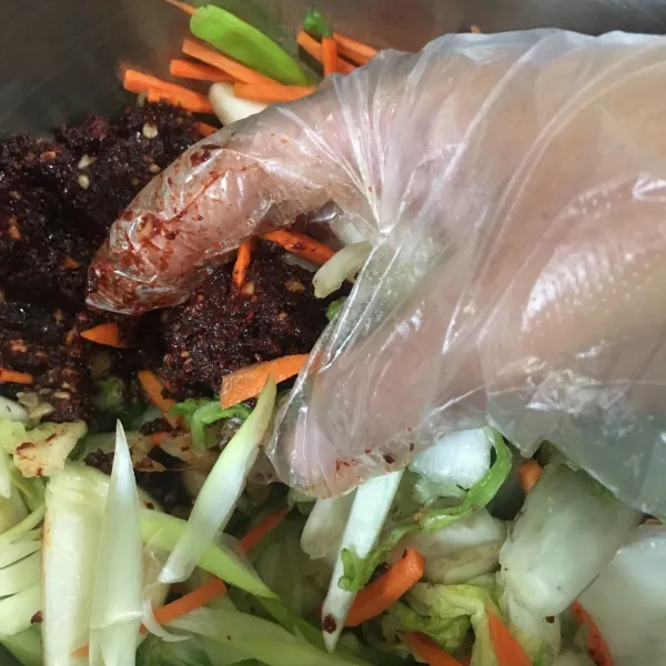Masukkan bumbu kimchi, aduk rata dengan tangan menggunakan sarung tanga plastik.