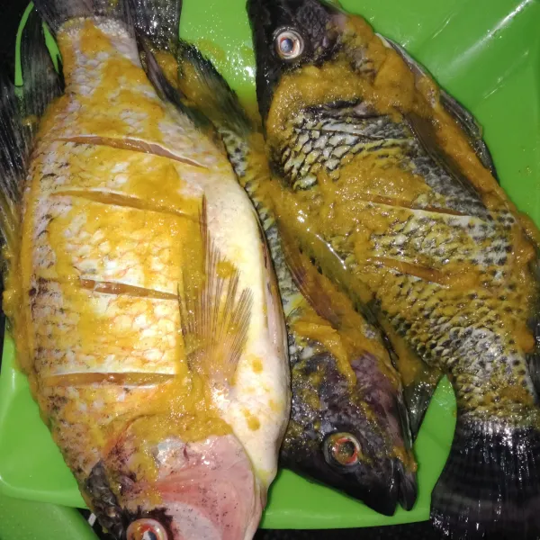 Tuang bumbu keseluruh permukaan ikan lalu tungguh hingga beberapa menit agar bumbu meresap.