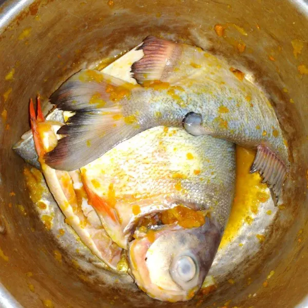 Lumuri ikan dengan bumbu yang sudah dihaluskan, masukkan garam dan kaldu bubuk secukupnya. Marinasi ikan sekitar 15 menit.