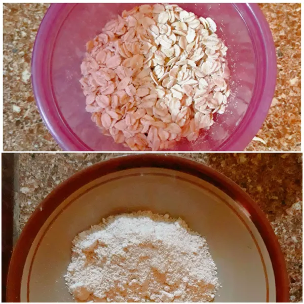 Siapkan rolled oat yang akan dihaluskan. Haluskan rolled oat hingga menjadi tepung dengan food processor