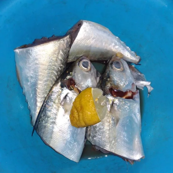 Siangi ikan kembung lalu cuci bersih. Kucuri dengan perasan jeruk nipis, diamkan sebentar