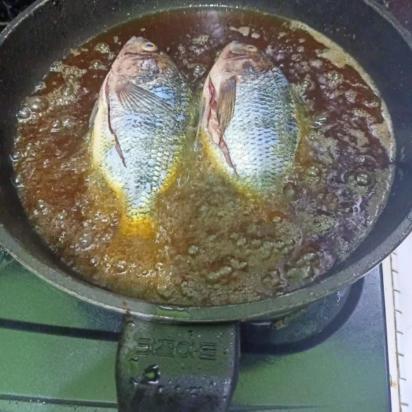 Siapkan wajan beri minyak, setelah panas minyaknya goreng ikan sampai satu sisi berwarna kecoklatan. Balikkan sisi lain sampai matang, lalu angkat dan sisihkan ke piring.