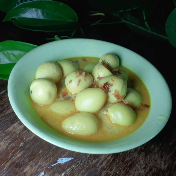 Masukkan santan. Masak 3 menit. Matikan api. Saat disajikan taburi dengan bawang goreng.