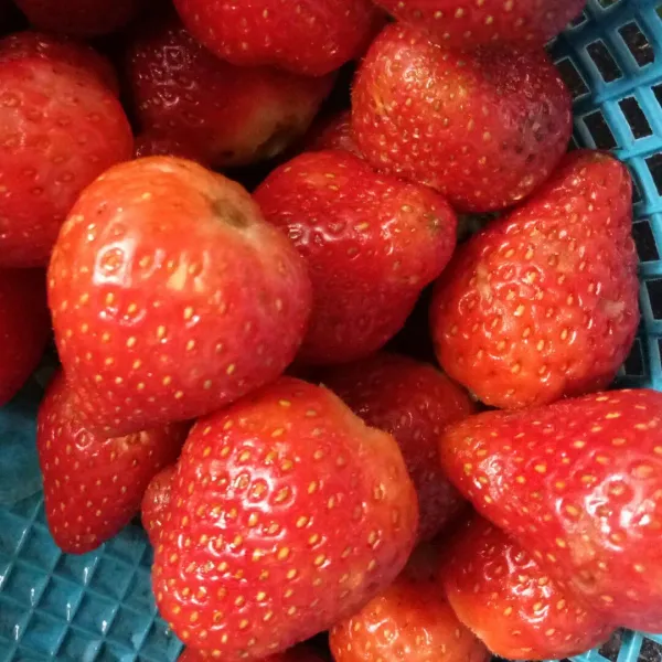 Membuat selai strawberry. Rendam strawberry dalam air garam lalu bilas dan tiriskan