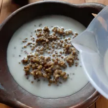 letakkan kacang hijau dalam mangkuk saji, siram dengan kuah santan
