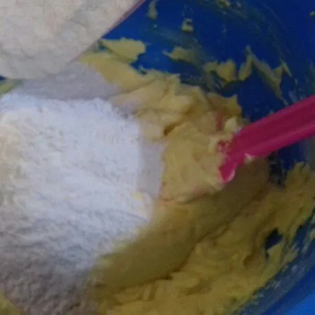 Masukkan susu bubuk dan terigu. Aduk rata dengan spatula. Bagi adonan menjadi 4-5 bagian tergantung macam kue yang ingin dibuat.