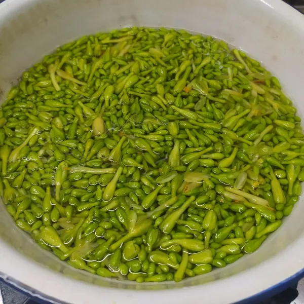 Bilas bunga pepaya, rebus dengan ½ gelas larutan air asam, 1 sdm garam dan air secukupnya sampai mendidih. Tiriskan dan ulangi perebusan sekali lagi seperti perebusan pertama. Tiriskan, bilas sebentar.