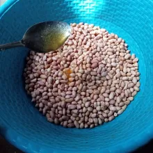 Siapkan baskom yang agak besar, lalu masukkan kacang tanah. Tuang 3 sdm adonan telur, lalu goyang-goyang baskom hingga tercampur rata.