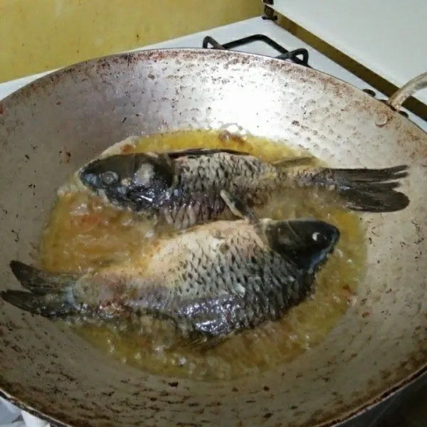 goreng ikan mas hingga matang dan garing hingga dalam, tiriskan.