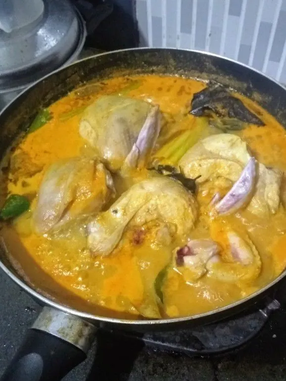 Masukkan potongan ayam, gula, garam dan kaldu bubuk. Masak hingga santan menyusut sambil diaduk sesekali agar bumbu meresap sempurna