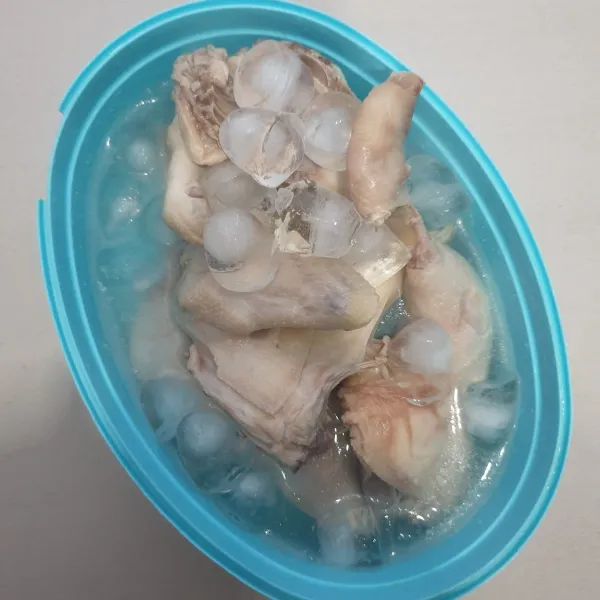 Angkat ayam dan rendam dalam air dingin yang dicampur dengan es batu. Rendam selama 10 menit.