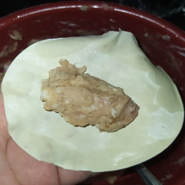 Ambil selembar kulit dumpling, isi dengan 1 sendok makanan adonan isian.