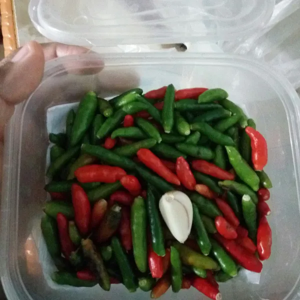 Kemudian masukkan cabe yang sudah dibersihkan ke dalam wadah kedap udara. Beri bawang putih. Tutup rapat, simpan di kulkas.