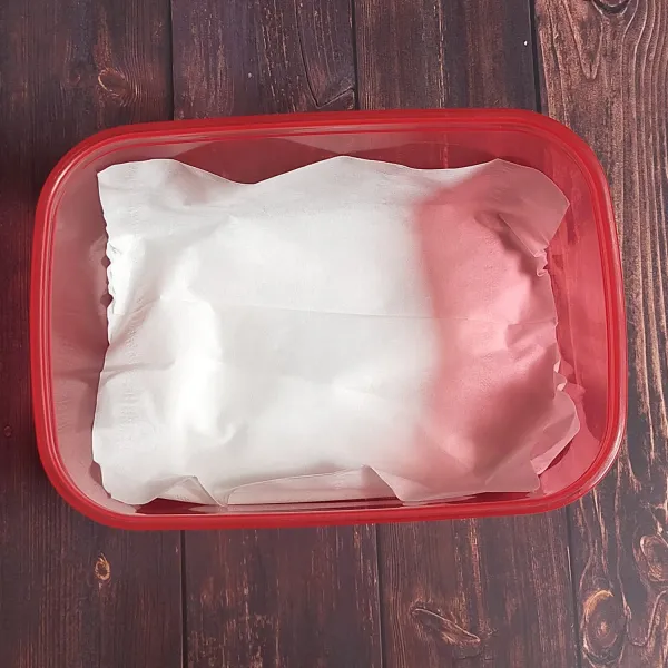 Alasi wadah plastik dengan beberapa lembar tisu.