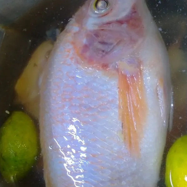 Cuci bersih ikan. Rendam dalam air perasan jeruk nipis selama 10 menit.