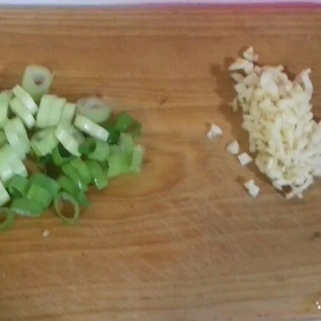 Iris tipis bawang putih dan bawang pre.