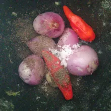Haluskan bawang merah, bawang putih, garam dan lada.
