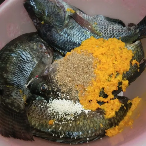 Lumuri ikan nila dengan bumbu halus, tambahkan ketumbar, merica bubuk, kaldu jamur dan garam, aduk rata.
