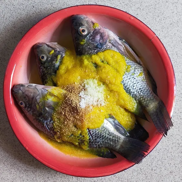 Setelah ikan dilumuri jeruk nipis, tambahkan bumbu halus, ketumbar bubuk, garam, dan kaldu jamur.