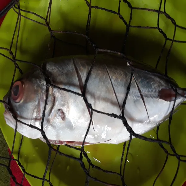 Balurkan ikan dengan perasan jeruk nipis dan lada bubuk. Lalu letakkan dalam alat panggangan.