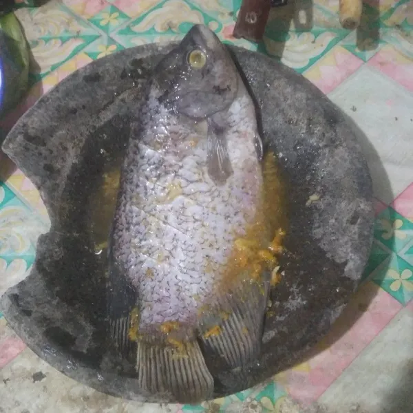 bersihkan gurami, lalu rendam dalam bumbu marinasi. diamkan selama 15 menit.