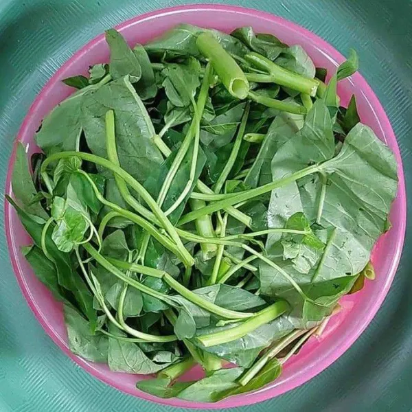 Siapkan kangkung, petik lalu cuci bersih, tiriskan.