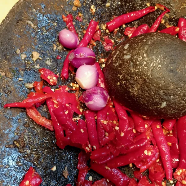 Uleg kasar cabe, bawang merah, dan garam.