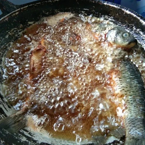 Lumuri ikan dengan bawang putih, garam dan kaldu jamur kemudian goreng hingga matang, tiriskan.