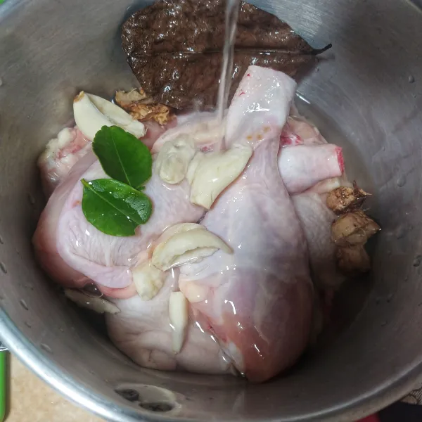 Masukkan ayam ke panci, tambahkan bawang putih, jahe, daun salam, daun jeruk dan tuang air kelapa.