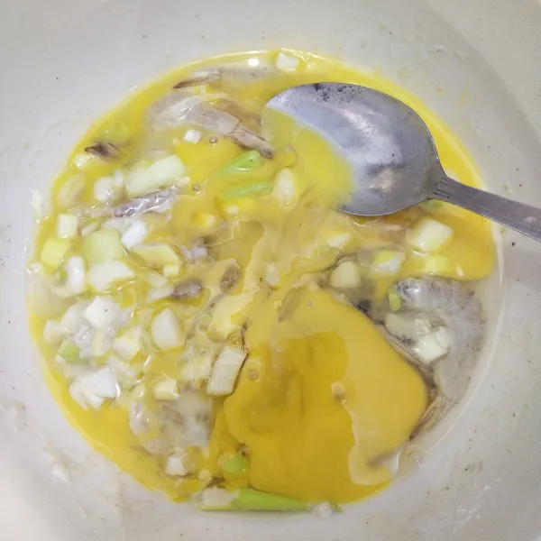 Kemudian, masukkan telur, garam, dan penyedap rasa. Aduk sampai rata.
