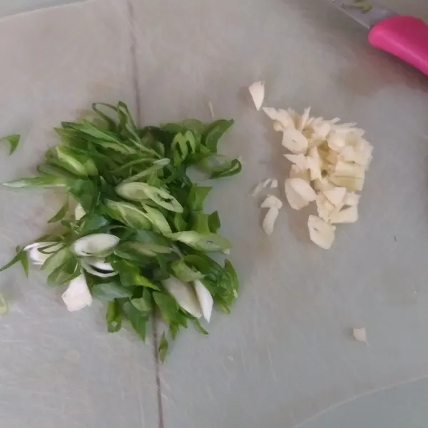 Siapkan bawang putih dan daun bawang iris.