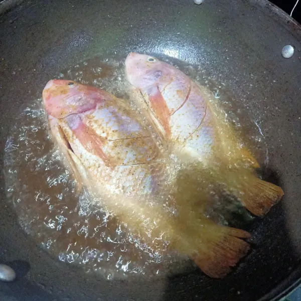 Siapkam wajan, isi dengan minyak goreng. Tunggu sampai minyak panas lalu masukkan ikan yang sudah dimarinasi tadi. Goreng sampai matang