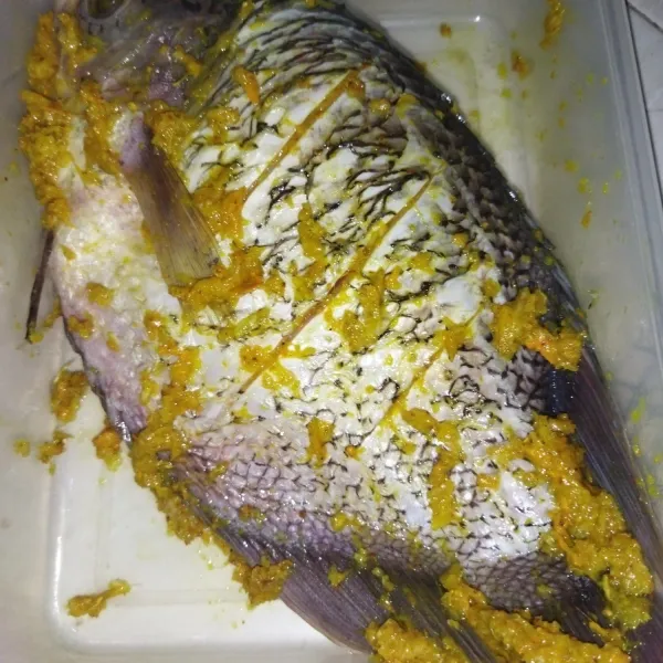 Bumbui ikan dengan bumbu marinasi dan garam, lalu aduk rata, simpan dikulkas diamkan hingga bumbu meresap, kalau saya marinasi pagi hari, lalu siangnya dimasak.