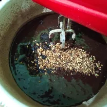 Masukkan kismis dan kacang mete sangrai, lalu aduk rata.