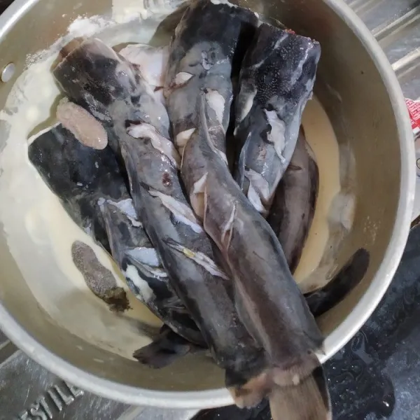 Campur semua bahan adonan basah lalu tambahkan sedikit air aduk rata,kemudian masukan ikan lele lumuri adonan ke semua ikan.