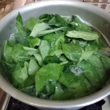 Masukkan daun katuk, aduk rata, setelah air mendidih lagi matikan api